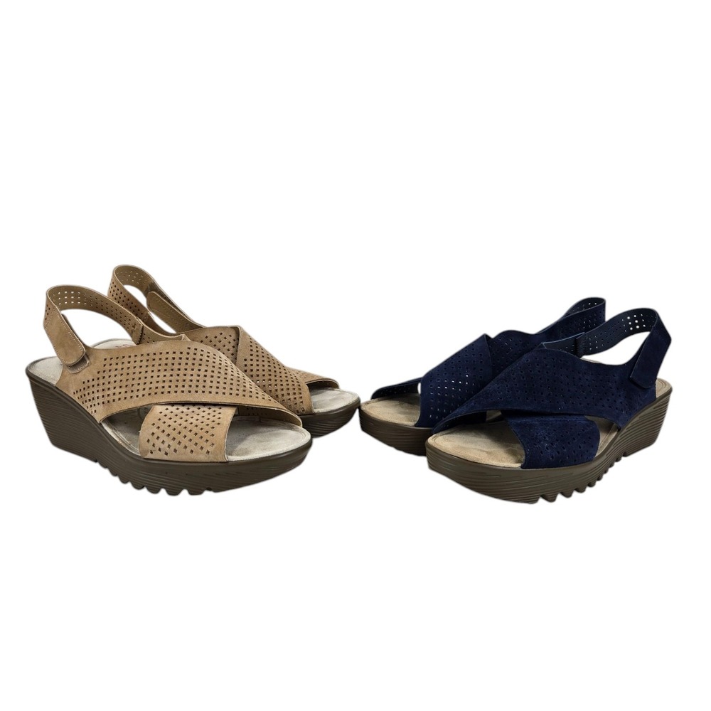 2 Pairs Skechers Perforated Suede Slingback Demi-wedges Navy & Beige Size 10 EUC